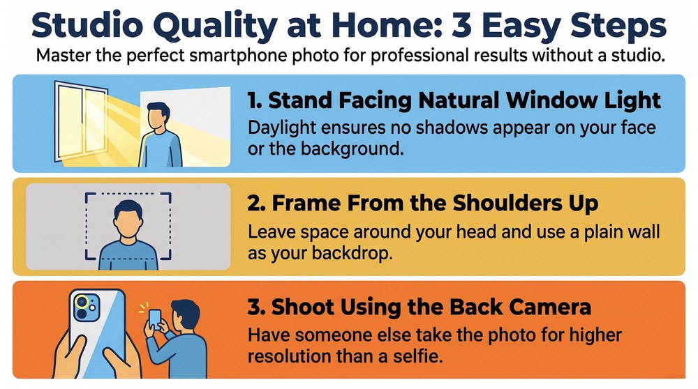 Studio quality at home in 3 easy steps: stand facing natural window light, frame from the shoulders up, and shoot using the back camera